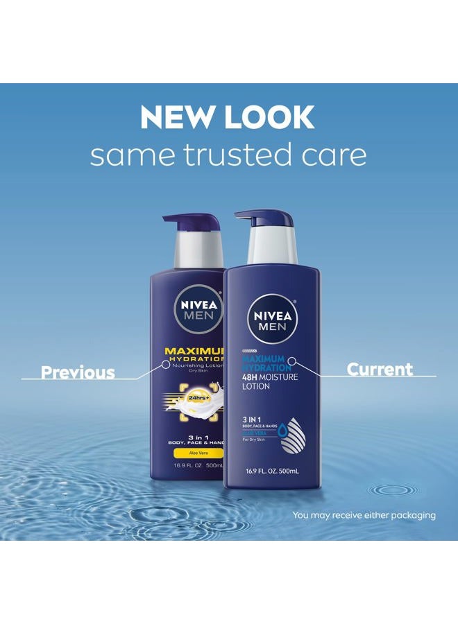 NIVEA MEN MEN Maximum Hydration 48-Hour Moisture Body Lotion for Dry Skin, Aloe Vera Lotion for Men, 3-in-1 Body, Face and Hands, Dermatologically-Tested, 16.9 Fl Oz Bottle - Image 2