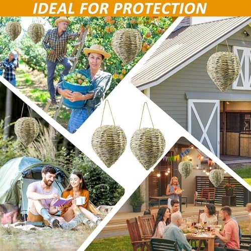 Waybas 2 Pack Woven Reed Crochet Wasp Nest Decoy, Faux Hanging Wasp Hornets Hive Nests Artificial Fake Wasp Nest Decoy Decoration for Patio Eaves Yard Home, 10×7.5 Inch - Image 5