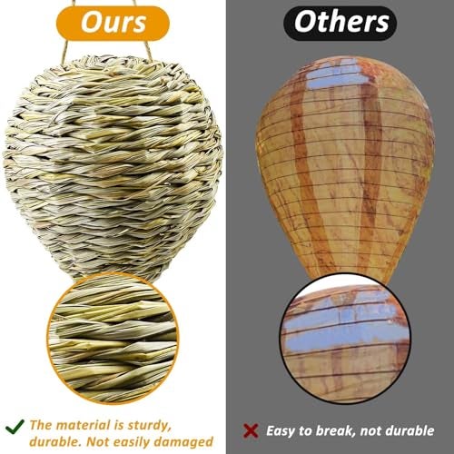 Waybas 2 Pack Woven Reed Crochet Wasp Nest Decoy, Faux Hanging Wasp Hornets Hive Nests Artificial Fake Wasp Nest Decoy Decoration for Patio Eaves Yard Home, 10×7.5 Inch - Image 4