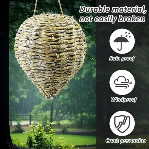 Waybas 2 Pack Woven Reed Crochet Wasp Nest Decoy, Faux Hanging Wasp Hornets Hive Nests Artificial Fake Wasp Nest Decoy Decoration for Patio Eaves Yard Home, 10×7.5 Inch - Image 3