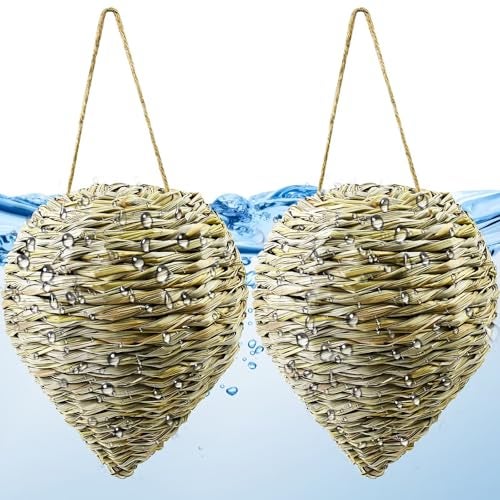 Waybas 2 Pack Woven Reed Crochet Wasp Nest Decoy, Faux Hanging Wasp Hornets Hive Nests Artificial Fake Wasp Nest Decoy Decoration for Patio Eaves Yard Home, 10×7.5 Inch - Image 1