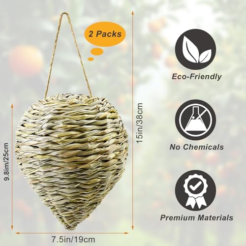 Waybas 2 Pack Woven Reed Crochet Wasp Nest Decoy, Faux Hanging Wasp Hornets Hive Nests Artificial Fake Wasp Nest Decoy Decoration for Patio Eaves Yard Home, 10×7.5 Inch - Image 2