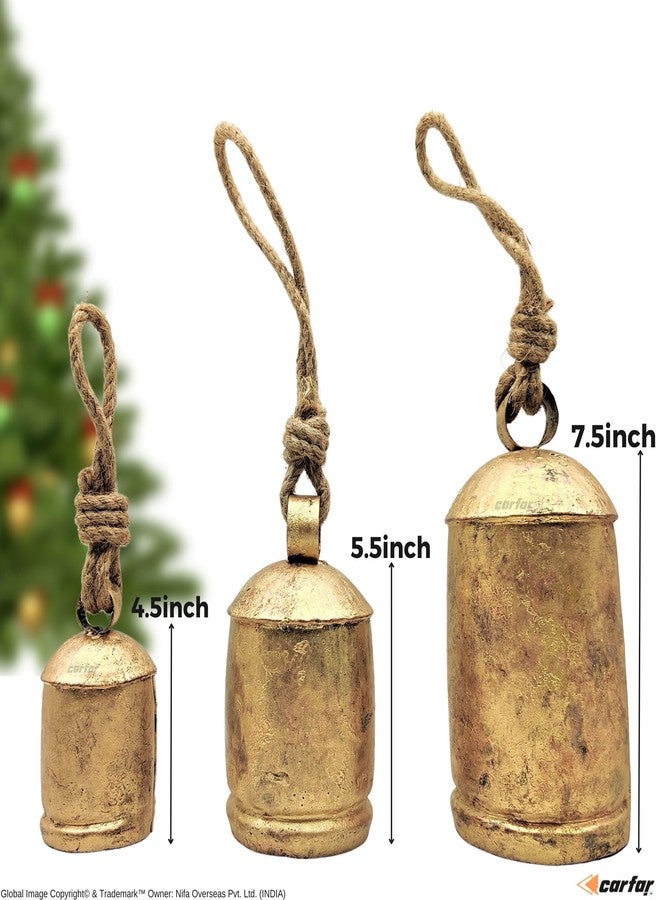 Carfar Shabby Chic Set of 3 Country Rustic Style Bells Handmade Metal Harmony Christmas Hanging Cow Bell Set on Jute Rope (Medium) - Image 2