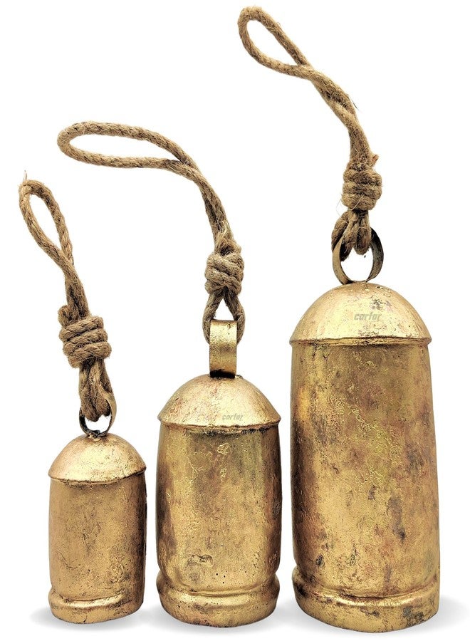Carfar Shabby Chic Set of 3 Country Rustic Style Bells Handmade Metal Harmony Christmas Hanging Cow Bell Set on Jute Rope (Medium) - Image 1