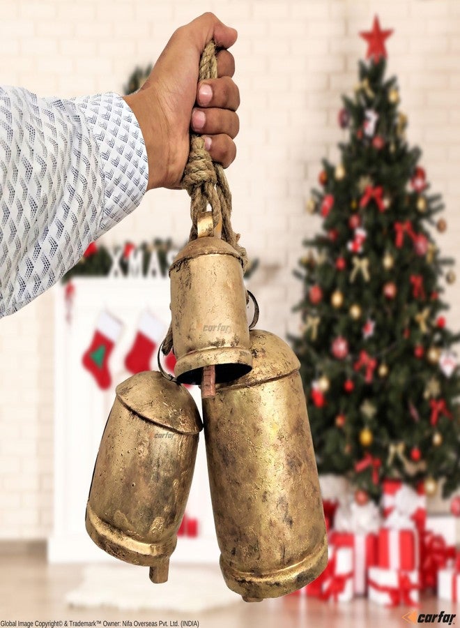 Carfar Shabby Chic Set of 3 Country Rustic Style Bells Handmade Metal Harmony Christmas Hanging Cow Bell Set on Jute Rope (Medium) - Image 3