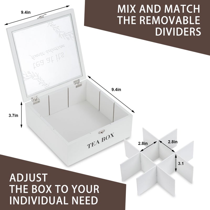 handrong Tea Box Organizer,Wood Tea Bag Holder Organizer,Modern Teas Bag Storage with 9 Compartments and Glass Cover for Home Office Gift - Image 5