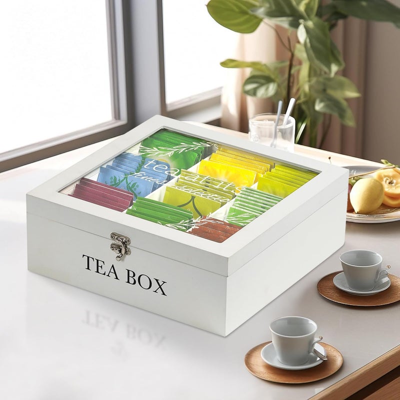 handrong Tea Box Organizer,Wood Tea Bag Holder Organizer,Modern Teas Bag Storage with 9 Compartments and Glass Cover for Home Office Gift - Image 3