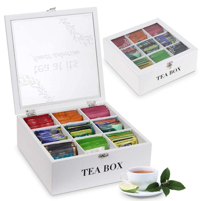 handrong Tea Box Organizer,Wood Tea Bag Holder Organizer,Modern Teas Bag Storage with 9 Compartments and Glass Cover for Home Office Gift - Image 1