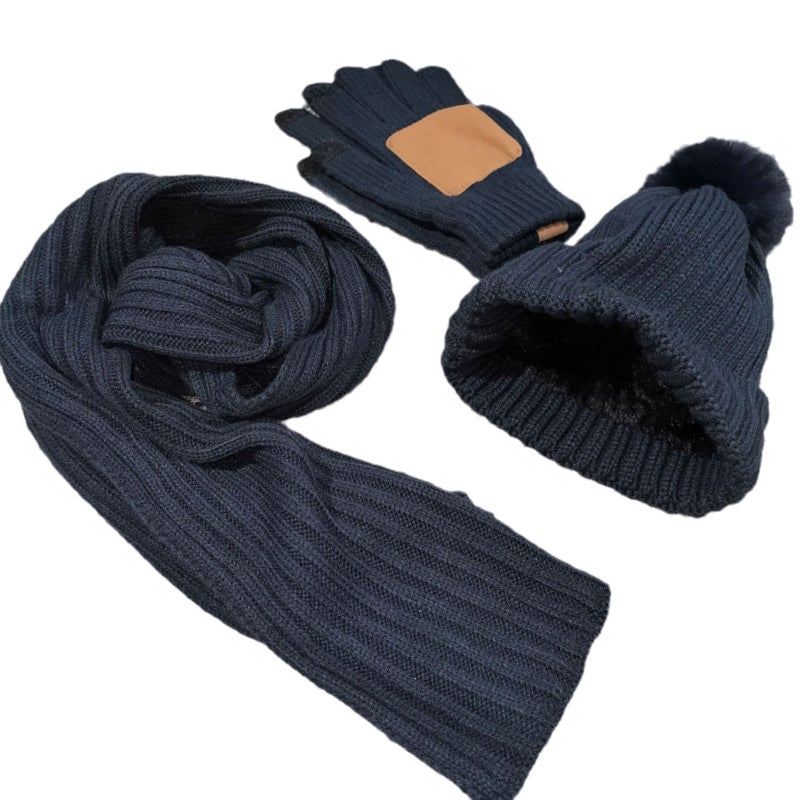 Knitted Beanie Scarf Gloves Set for Women Kids Navy blue with leather palms and no logo