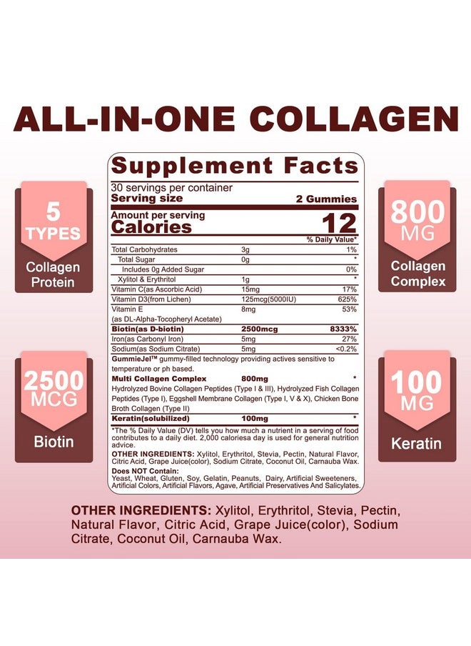 NEVISS - Hydrolyzed Collagen Peptides Gummies 800mg, Sugar Free Multi Peptides Type I II III V & X, Plus Biotin, Keratin & Vitamin for Women Men Healthy Skin Hair Nails, Bone & Joint Support 2 Pack - Image 1