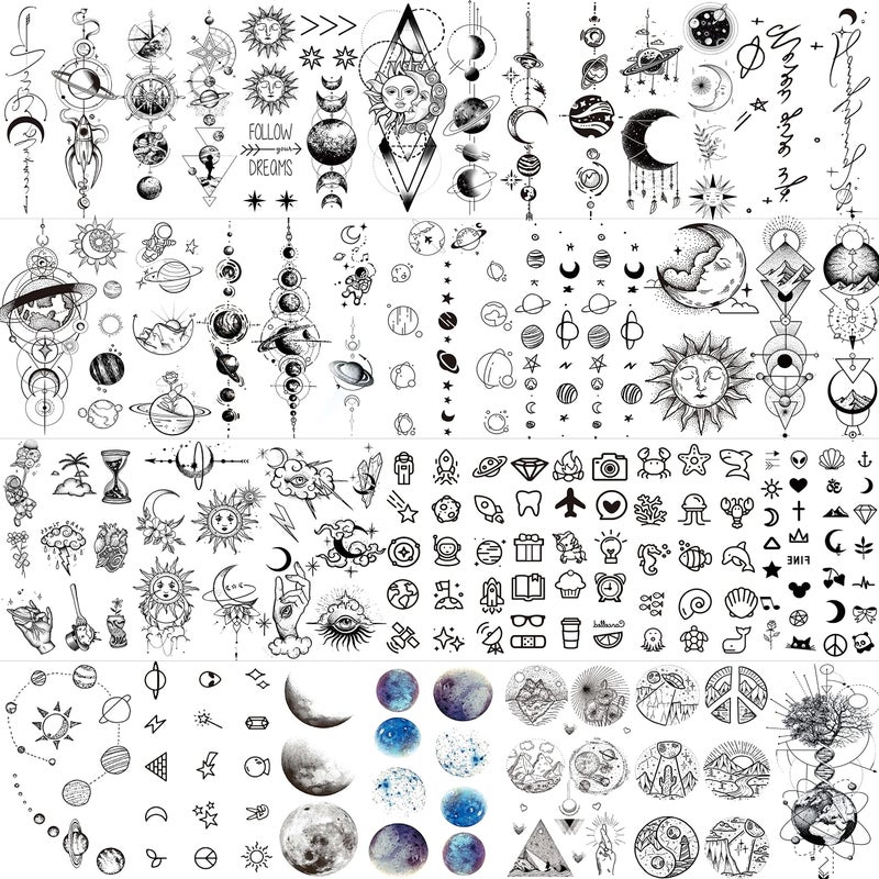 COKTAK 28 Sheets Outer Space Temporary Tattoos For Kids Women Men 3D Fake Realistic Star Sun Moon Tattoo Stickers Boys Girls Long Lasting Geometric Planets Universe Tattoos Neck Small Solar System