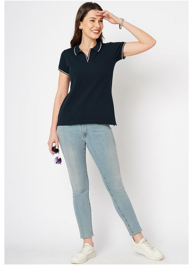 وير يور أوبينين - تي شيرت نسائي من Wear Your Opinion بياقة بولو بيكيه فاخرة بقصة عادية (التصميم: بولو بطرف، أزرق داكن، مقاس 2XL)، أزرق - Image 1