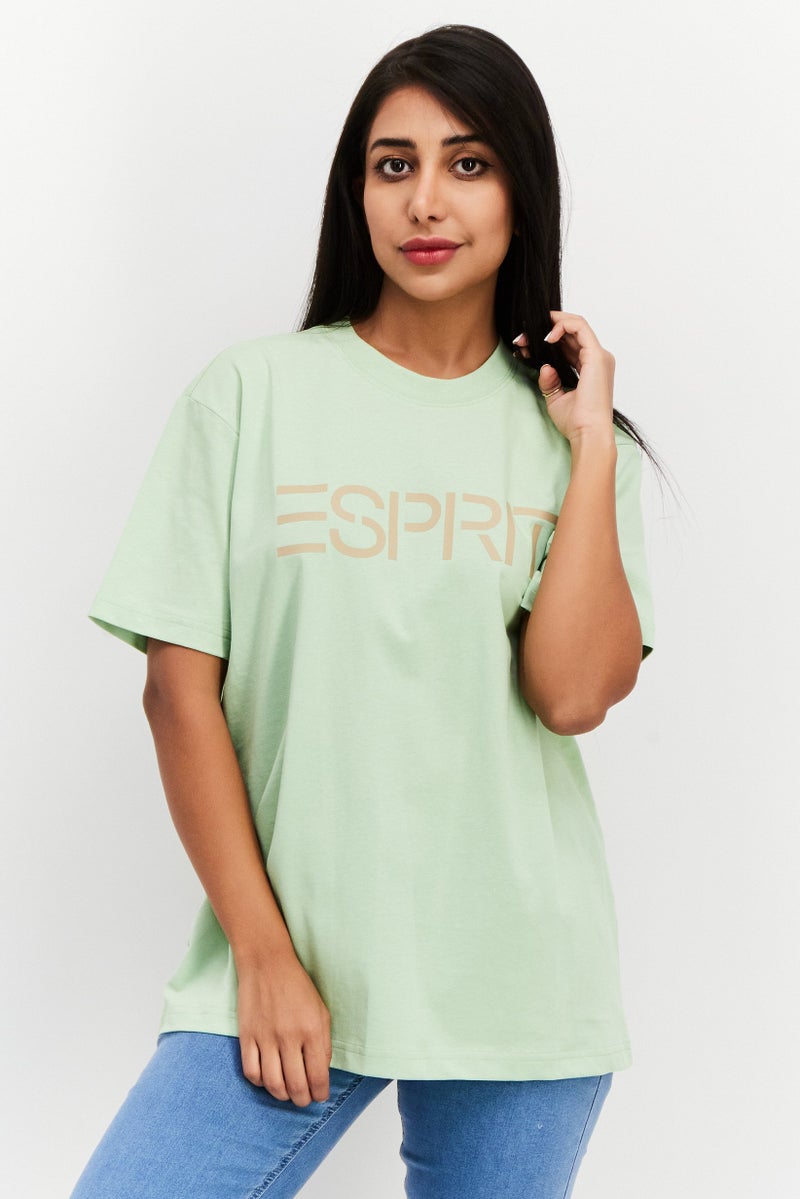 ESPRIT Women Crew Neck Short Sleeve Brand Logo T-Shirt, Green - Image 1