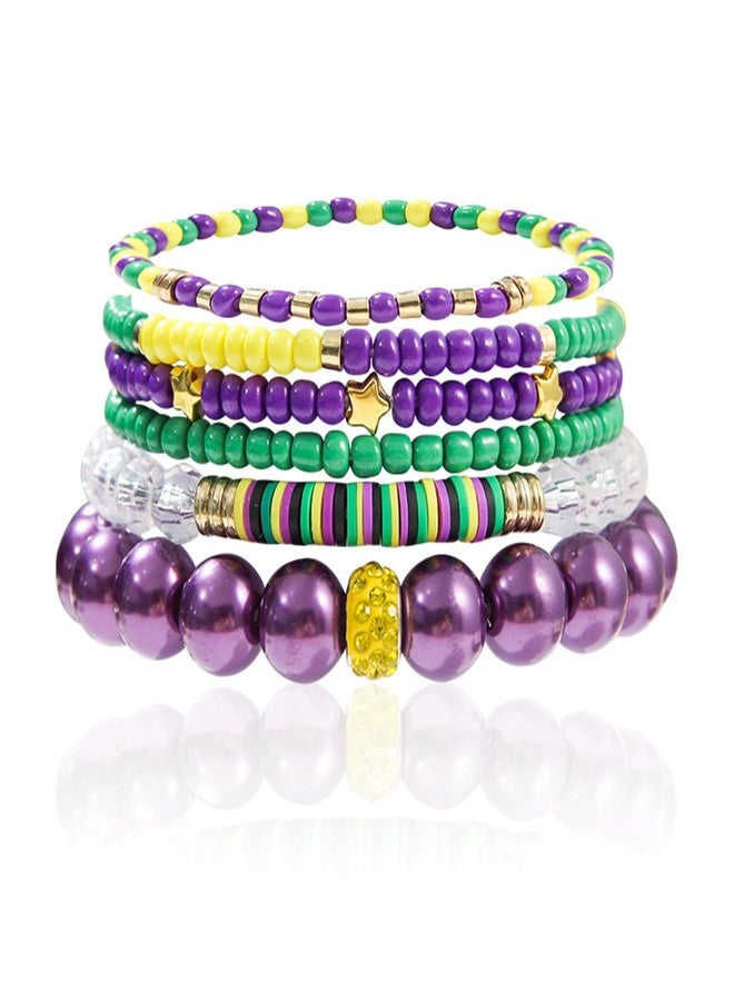 WCRAZYE Mardi Gras Beaded Bracelets for Women Girls Handmade Surfer Heishi Stretch Bracelets Mask Charm Bracelets Carnival Holiday Bracelets Boho Summer Beach Jewelry (Mardi Gras Bracelet) - Image 1