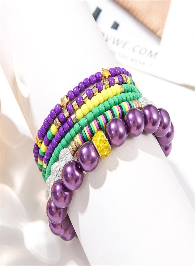 WCRAZYE Mardi Gras Beaded Bracelets for Women Girls Handmade Surfer Heishi Stretch Bracelets Mask Charm Bracelets Carnival Holiday Bracelets Boho Summer Beach Jewelry (Mardi Gras Bracelet) - Image 2