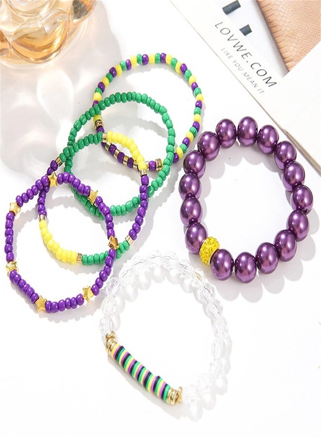 WCRAZYE Mardi Gras Beaded Bracelets for Women Girls Handmade Surfer Heishi Stretch Bracelets Mask Charm Bracelets Carnival Holiday Bracelets Boho Summer Beach Jewelry (Mardi Gras Bracelet) - Image 4