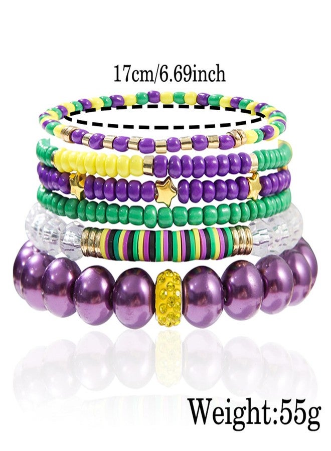 WCRAZYE Mardi Gras Beaded Bracelets for Women Girls Handmade Surfer Heishi Stretch Bracelets Mask Charm Bracelets Carnival Holiday Bracelets Boho Summer Beach Jewelry (Mardi Gras Bracelet) - Image 3