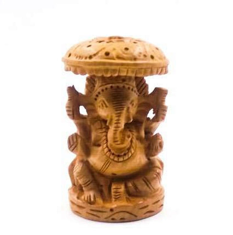 INDICAST 3" Hand Carved Ganesha with Umbrella Wooden Decorative Idol (Brown, Standard) - Image 1
