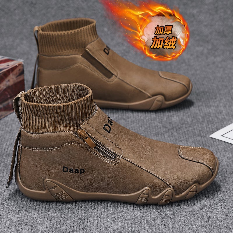 Mens High-top Shoes Winter New fleece-lined Thickened Warm Snow Boots Mens Outdoor Work Slip-on Cotton Shoes Brown [Fashion]] 