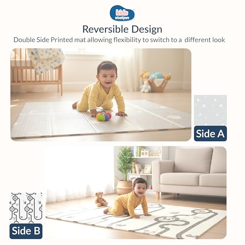 Kids Station Double-Sided Waterproof Baby Playmat – Foldable, Portable & Reversible Foam Mat for Infants, Toddlers & Kids – Soft, Non-Slip, Easy-to-Clean Baby Crawling Mat for Indoor/Outdoor Use (200×150×1.0cm, Panda & Moon-Star Print) - Image 2