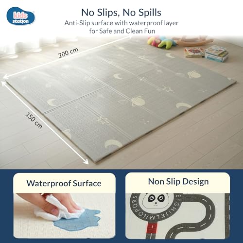 Kids Station Double-Sided Waterproof Baby Playmat – Foldable, Portable & Reversible Foam Mat for Infants, Toddlers & Kids – Soft, Non-Slip, Easy-to-Clean Baby Crawling Mat for Indoor/Outdoor Use (200×150×1.0cm, Panda & Moon-Star Print) - Image 5