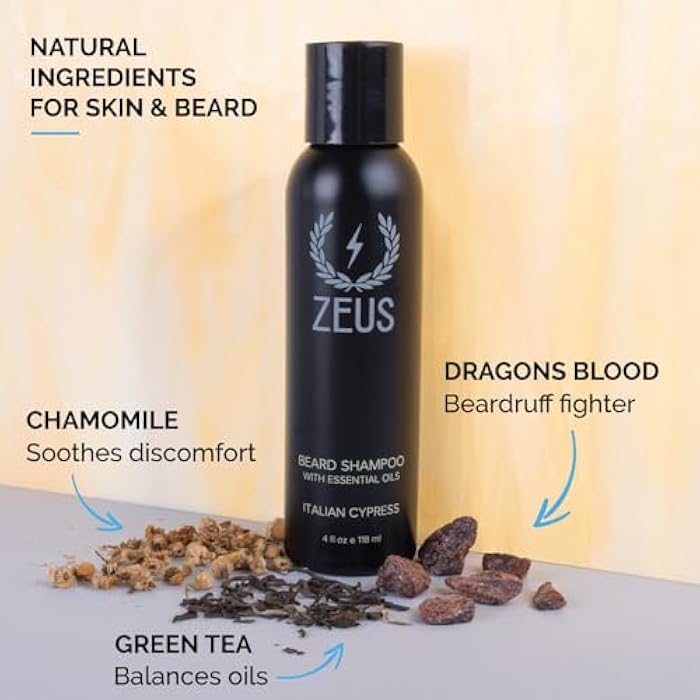ZEUS Italian Cypress Beard Shampoo for Men with Chamomile, Green Tea & Essential Oils, Deep Cleansing Hydration for Softer Facial Hair (Made in USA) 4 oz. - Image 2