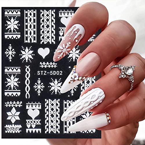 KASUWA 5D Embossed Snowflake Nail Art Stickers Christmas Nail Decal White Flower Lace Nail Decal Snowflake Leaf Nail Sticker Design Self-Adhesive Nail Decoration Supplies for Women DIY Christmas Manicure - Image 1