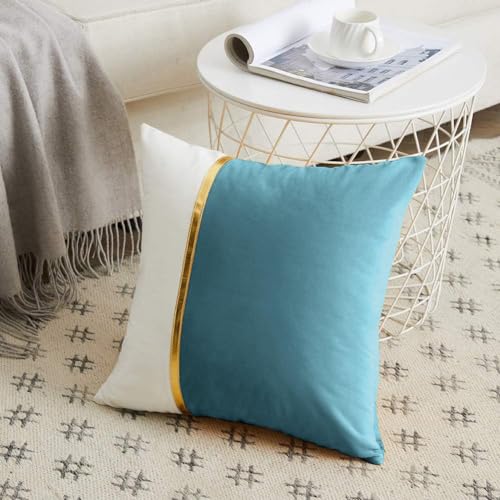 AEROHAVEN™ Set of 2 Premium Velvet with Gold Stripe Decorative Throw Pillow/Cushion Covers with Invisible Zipper - (12 x 12 Inch, Aqua) - Image 2