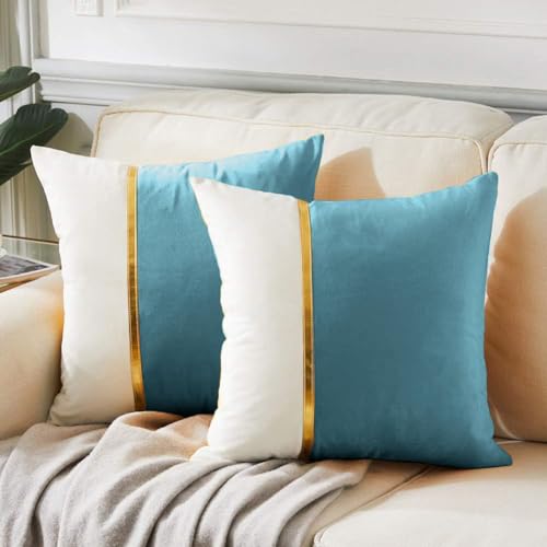 AEROHAVEN™ Set of 2 Premium Velvet with Gold Stripe Decorative Throw Pillow/Cushion Covers with Invisible Zipper - (12 x 12 Inch, Aqua) - Image 1