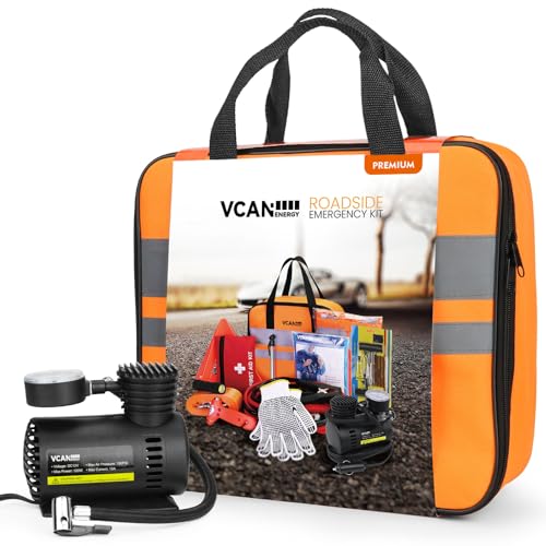 VCANENERGY Car Emergency Safety Kit Bag with Portable Air Compressor, Jumper Cables,First Aid Kit, Tire Pressure Gauge, Auto Vehicle Safety Road Side Assistance Kits Essentials,for Women, Men, Teen - Image 1