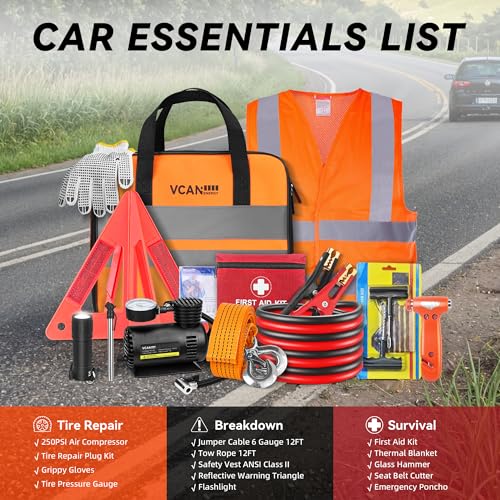 VCANENERGY Car Emergency Safety Kit Bag with Portable Air Compressor, Jumper Cables,First Aid Kit, Tire Pressure Gauge, Auto Vehicle Safety Road Side Assistance Kits Essentials,for Women, Men, Teen - Image 2
