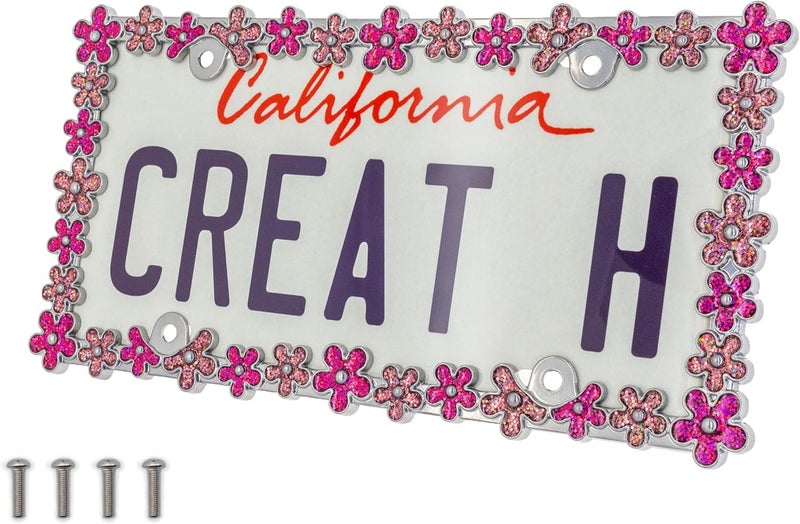 CRAFTHOME 3D Shining Daisy Wrenth License Plate Frame from Pure Zinc Alloy Metal Perfect Plate Holder, Chrome with Pink Glitter - Image 1