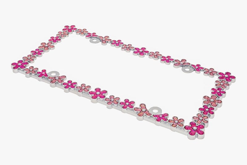 CRAFTHOME 3D Shining Daisy Wrenth License Plate Frame from Pure Zinc Alloy Metal Perfect Plate Holder, Chrome with Pink Glitter - Image 5