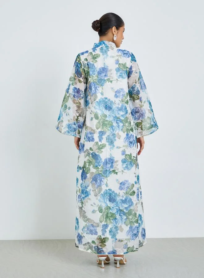 Amirah  Blue Floral Print Stand Collar Jalabiya for Women | Best Price UAE