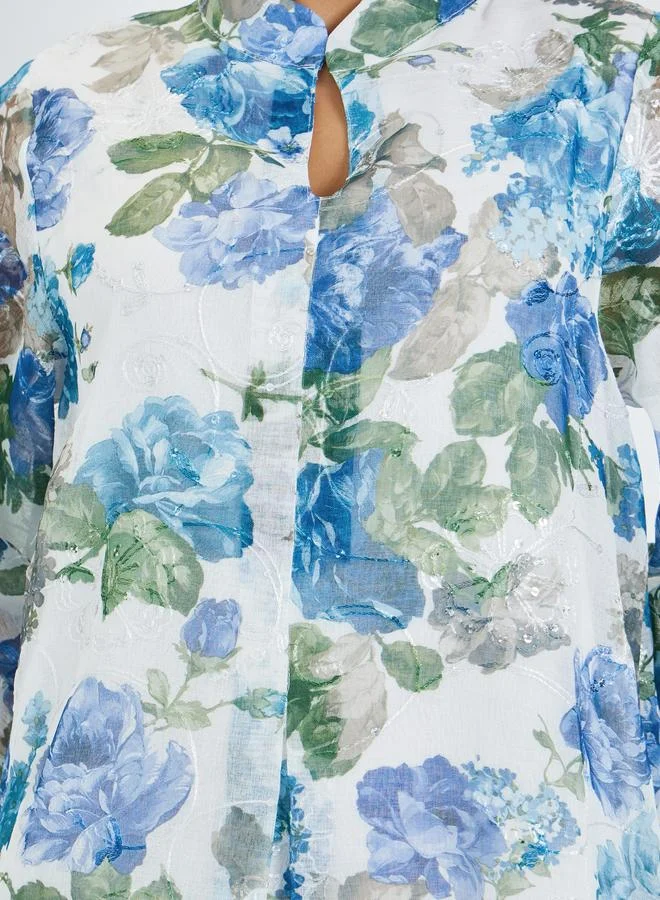 Amirah  Blue Floral Print Stand Collar Jalabiya for Women | Best Price UAE