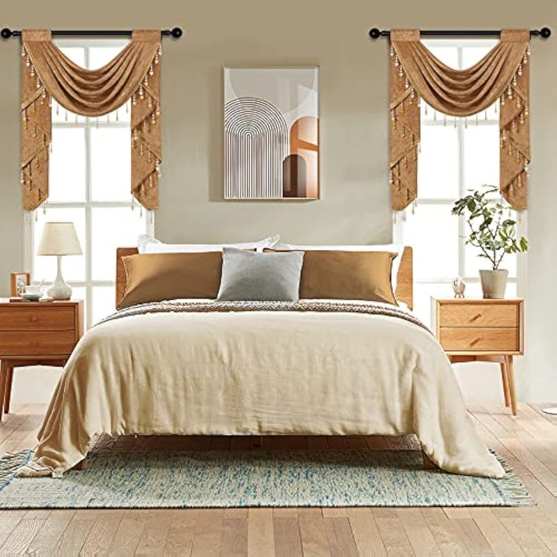 ELKCA Bronze Chenille Waterfall Valance for Living RoomSingle Hollow Swag Valance for Bedroom Kitchen Curtains Rod Pocket 1 Panel