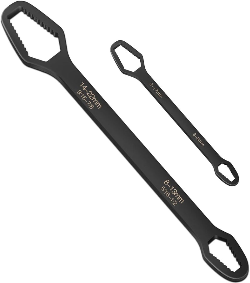 2pcs All in One Multifunctional Universal Wrench Set Self-Tightening Adjustable,3-17mm & 8-22mm Universal Torx Wrench, Double-ended Adjustable Wrench Tool Key Set Screw Nuts Wrenches Black