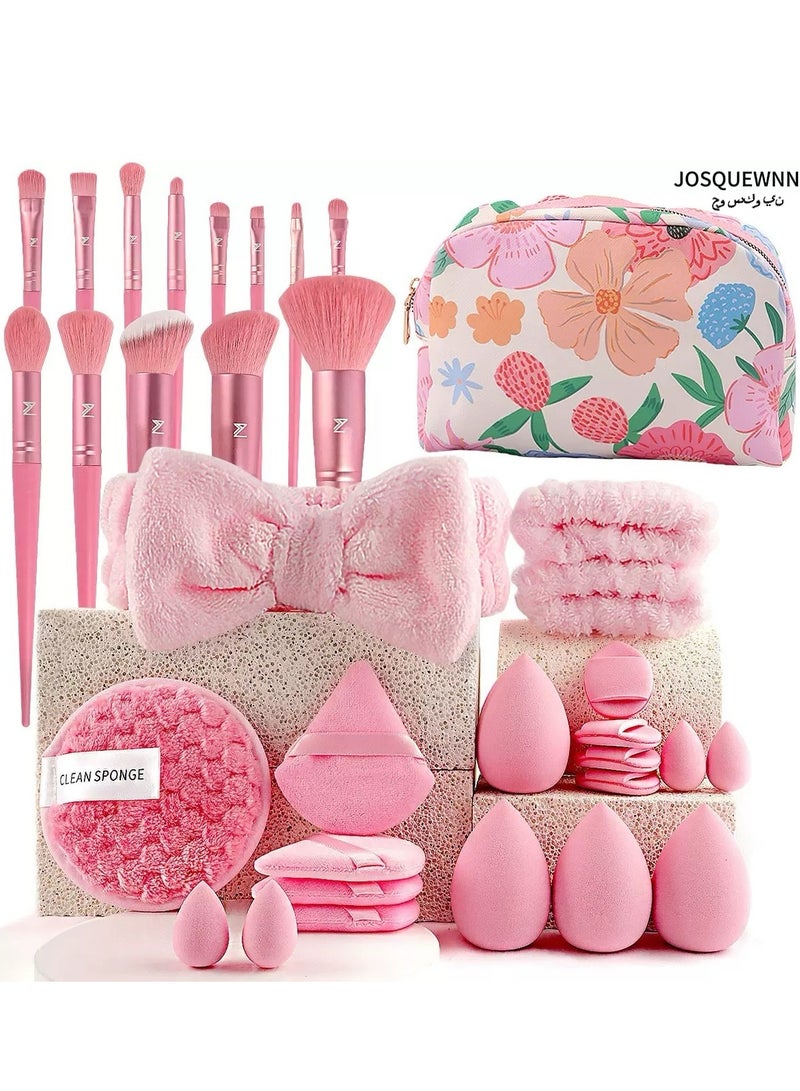 JOSQUEWNN Makeup Brush Set 34Pcs Makeup Tool Set, Premium Synthetic Foundation Powder Concealers Eye Shadows Blush Makeup Brushes Powder Puff, Pink, 34 Piece Set.  - Image 1