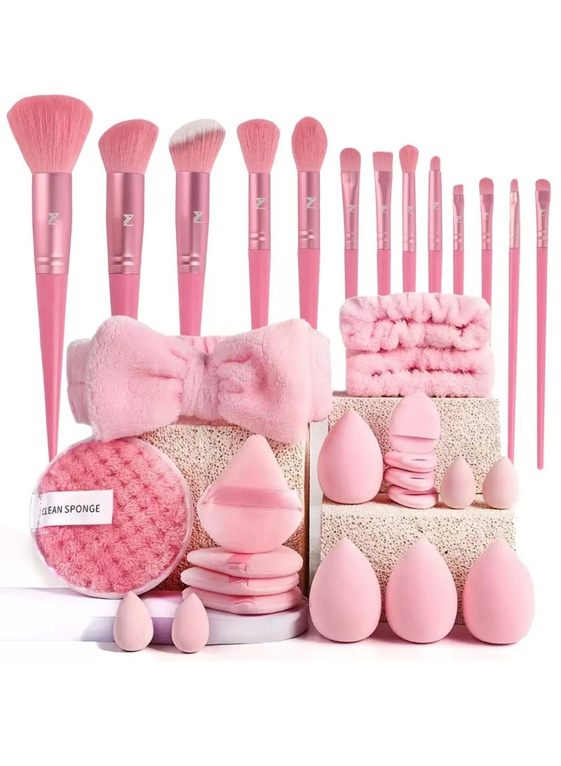 JOSQUEWNN Makeup Brush Set 34Pcs Makeup Tool Set, Premium Synthetic Foundation Powder Concealers Eye Shadows Blush Makeup Brushes Powder Puff, Pink, 34 Piece Set.  - Image 3
