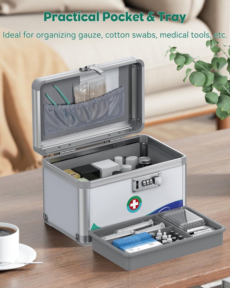 Uniclife Medicine Lock Box First Aid Box with Combination Lock & Handle Portable Medication Metal Lockable Medicine Storage Box Security Lock Box for Medications, 10" x 6" x 6.5" - Image 3