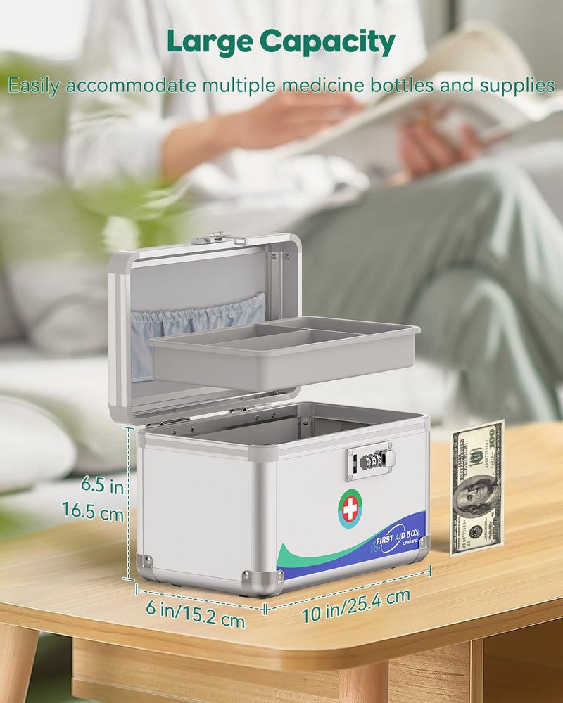 Uniclife Medicine Lock Box First Aid Box with Combination Lock & Handle Portable Medication Metal Lockable Medicine Storage Box Security Lock Box for Medications, 10" x 6" x 6.5" - Image 2