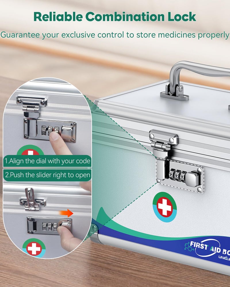 Uniclife Medicine Lock Box First Aid Box with Combination Lock & Handle Portable Medication Metal Lockable Medicine Storage Box Security Lock Box for Medications, 10" x 6" x 6.5" - Image 5