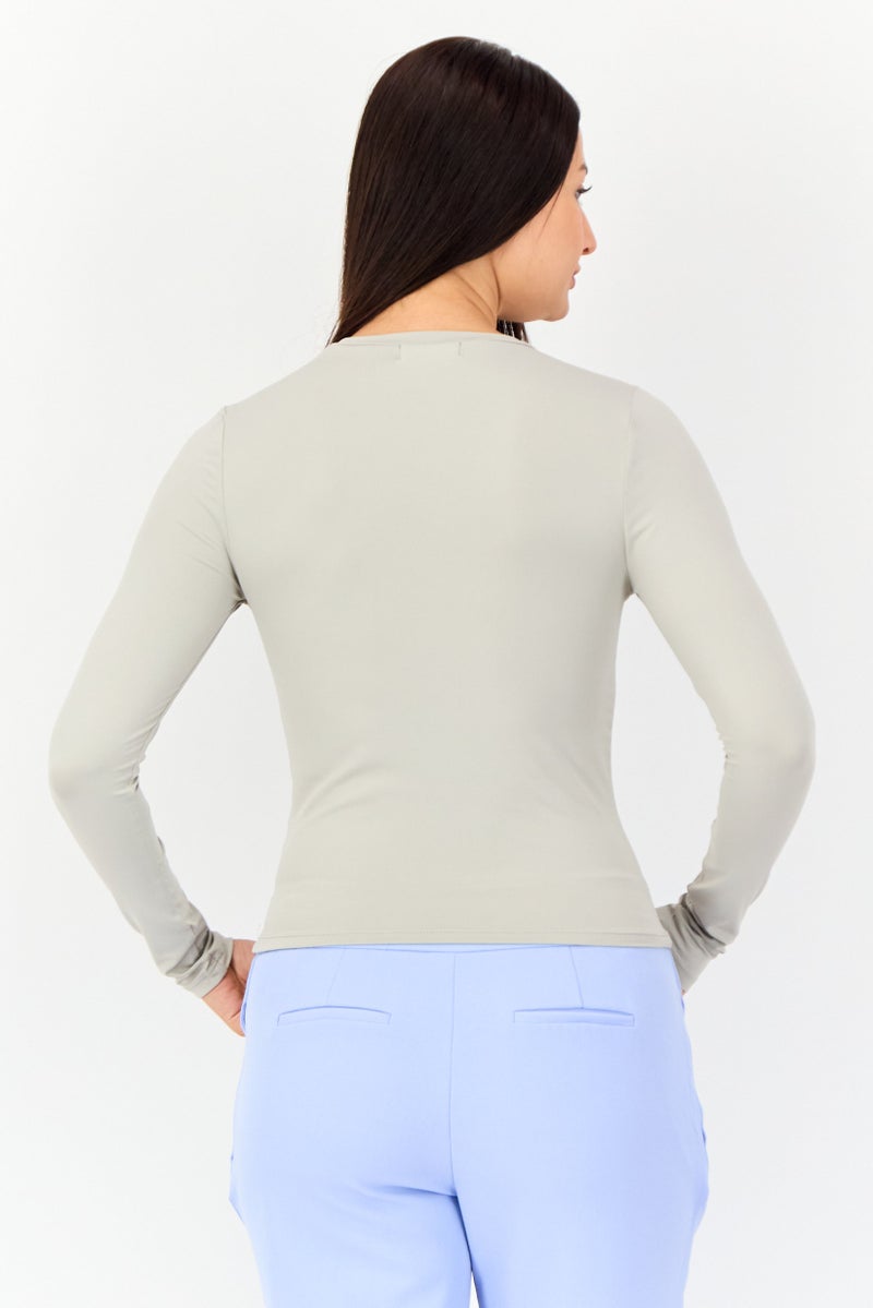 Kathy Ireland Women Crew Neck Solid Long Sleeves Top, Dark Beige  - Image 2