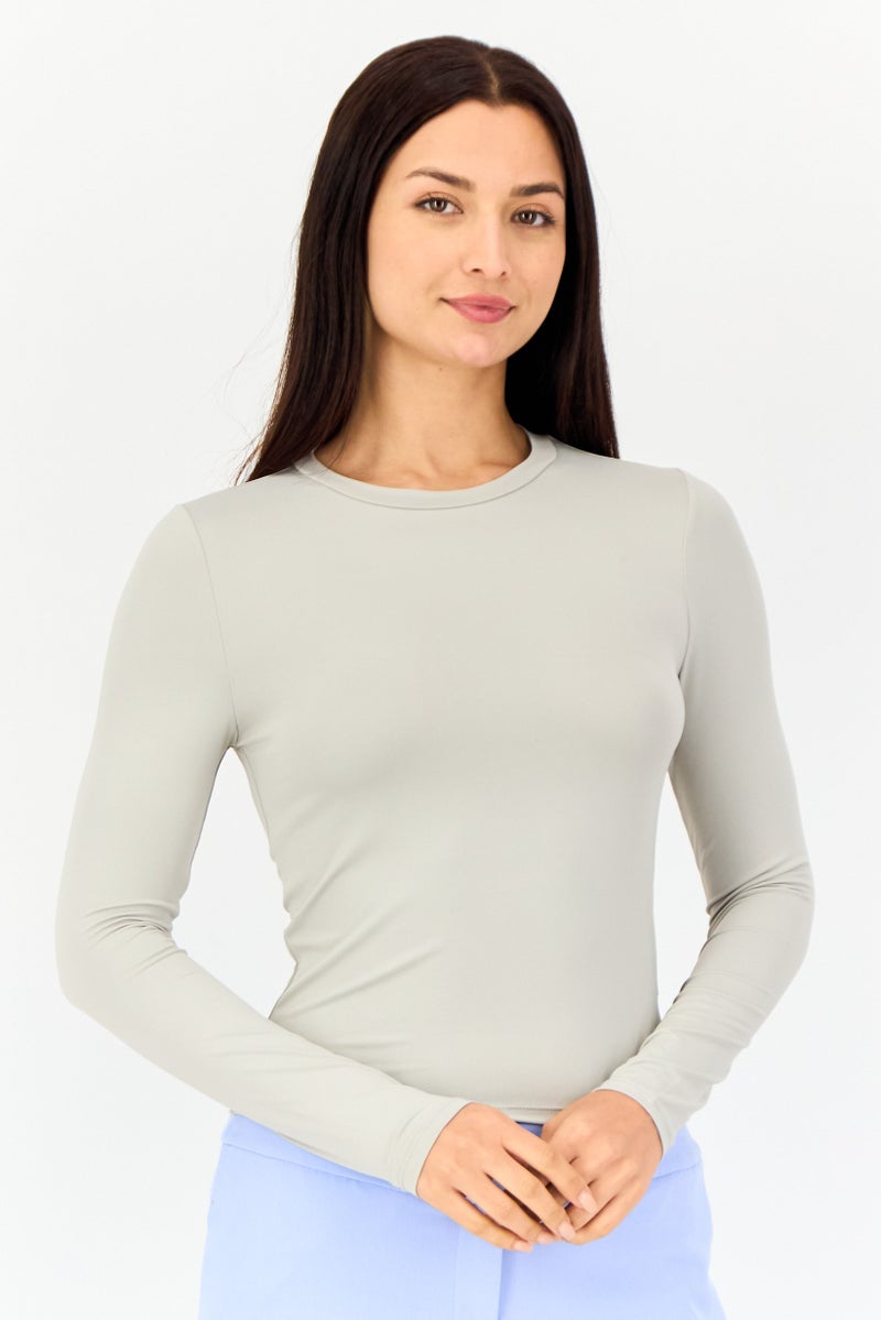 Kathy Ireland Women Crew Neck Solid Long Sleeves Top, Dark Beige  - Image 1