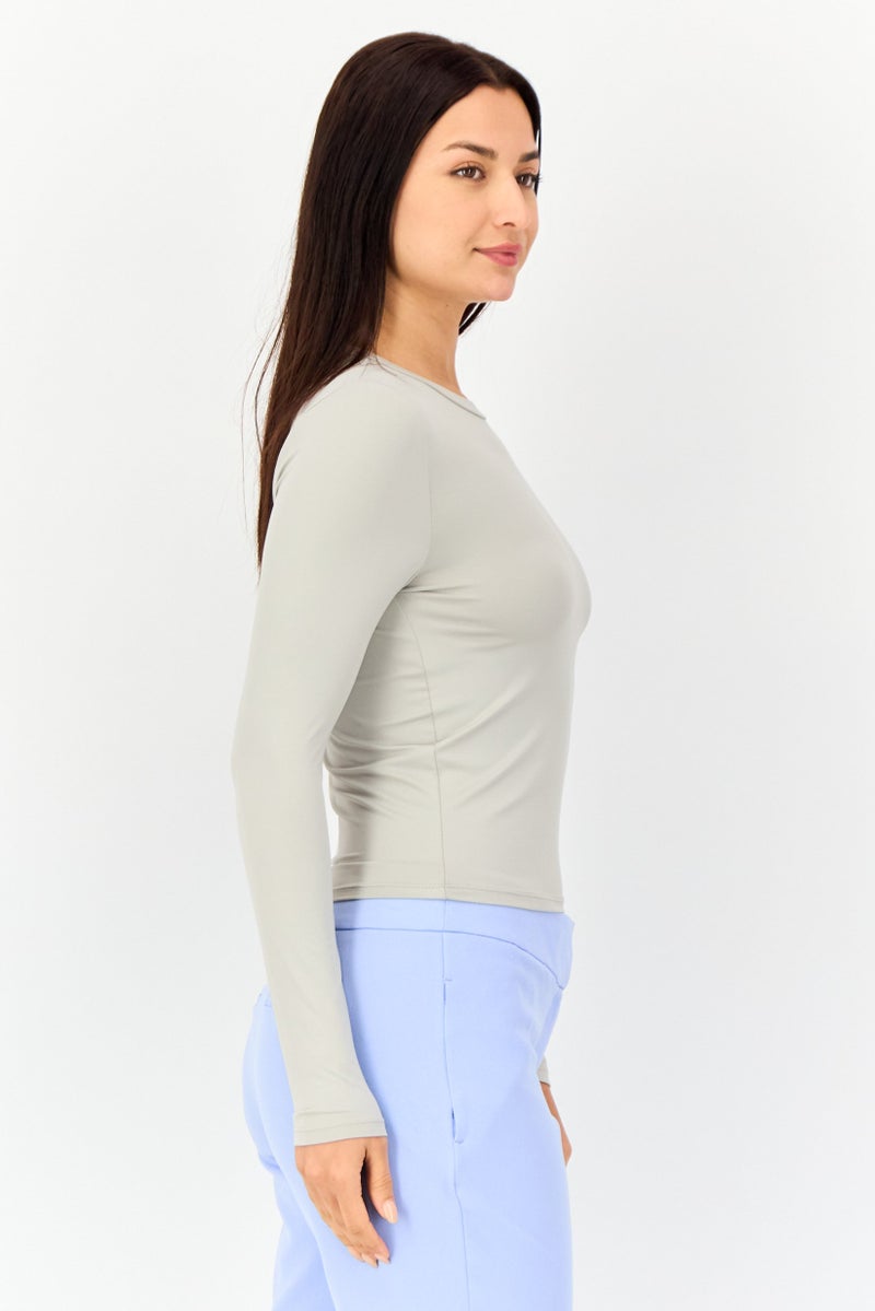 Kathy Ireland Women Crew Neck Solid Long Sleeves Top, Dark Beige  - Image 4