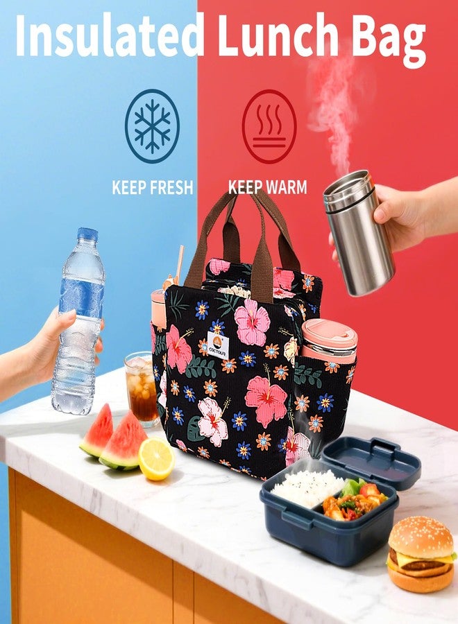 CaCTOUR Lunch Box for Women, Large Capacity Lunch Bag Women with Bottle Holder & Side Pockets,Cute lunch box Insulated Lunch tote bag for Work Office Travel Picnic (Flower) - Image 2