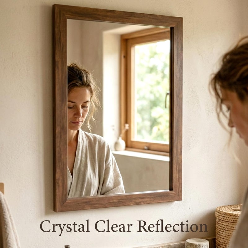 Pocetry 24" x 36" Walnut Brown Wall Mirror for Living Room, Rustic Mid-Century Modern Decor Mirror, Waterproof Wood Tone Vanity Mirror for Over Sink, Wide Trim - Image 5