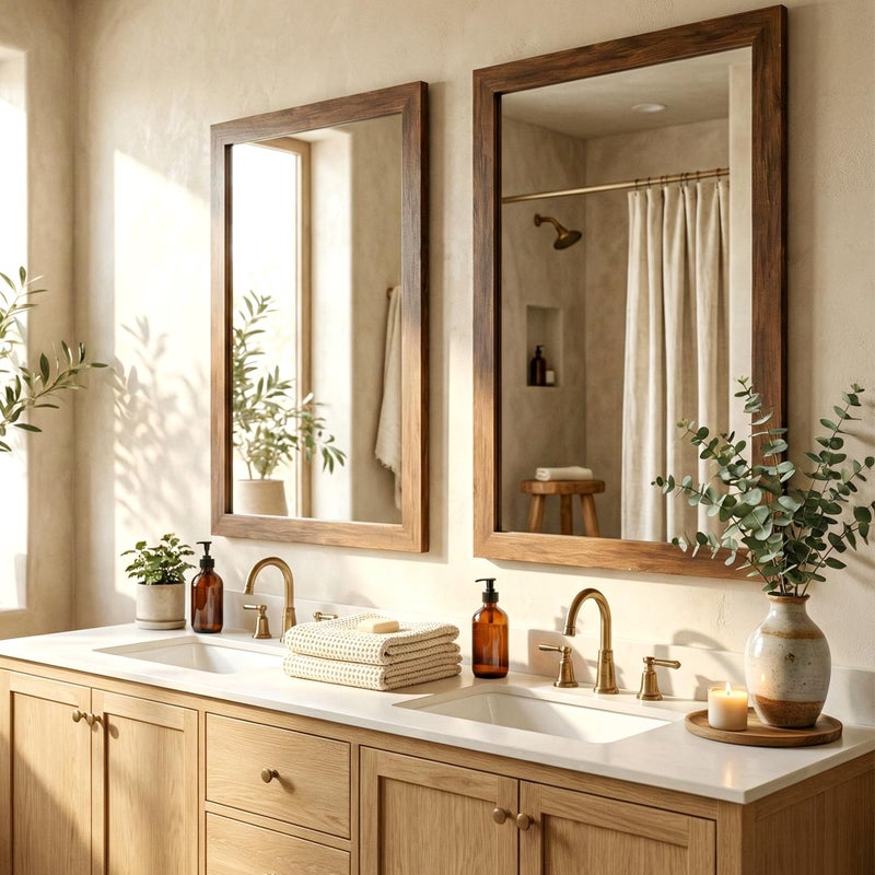 Pocetry 24" x 36" Walnut Brown Wall Mirror for Living Room, Rustic Mid-Century Modern Decor Mirror, Waterproof Wood Tone Vanity Mirror for Over Sink, Wide Trim - Image 2