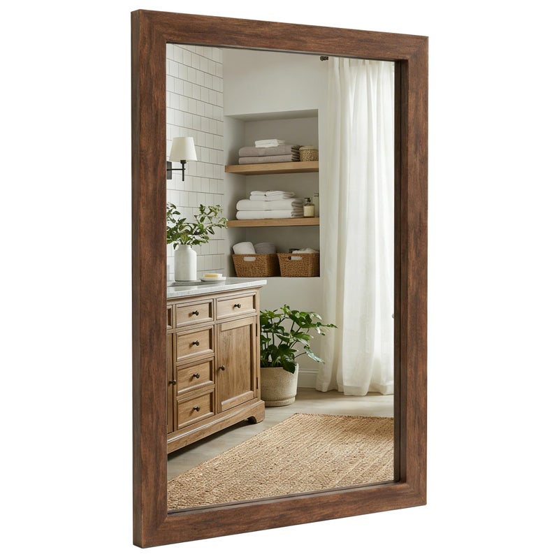 Pocetry 24" x 36" Walnut Brown Wall Mirror for Living Room, Rustic Mid-Century Modern Decor Mirror, Waterproof Wood Tone Vanity Mirror for Over Sink, Wide Trim - Image 1