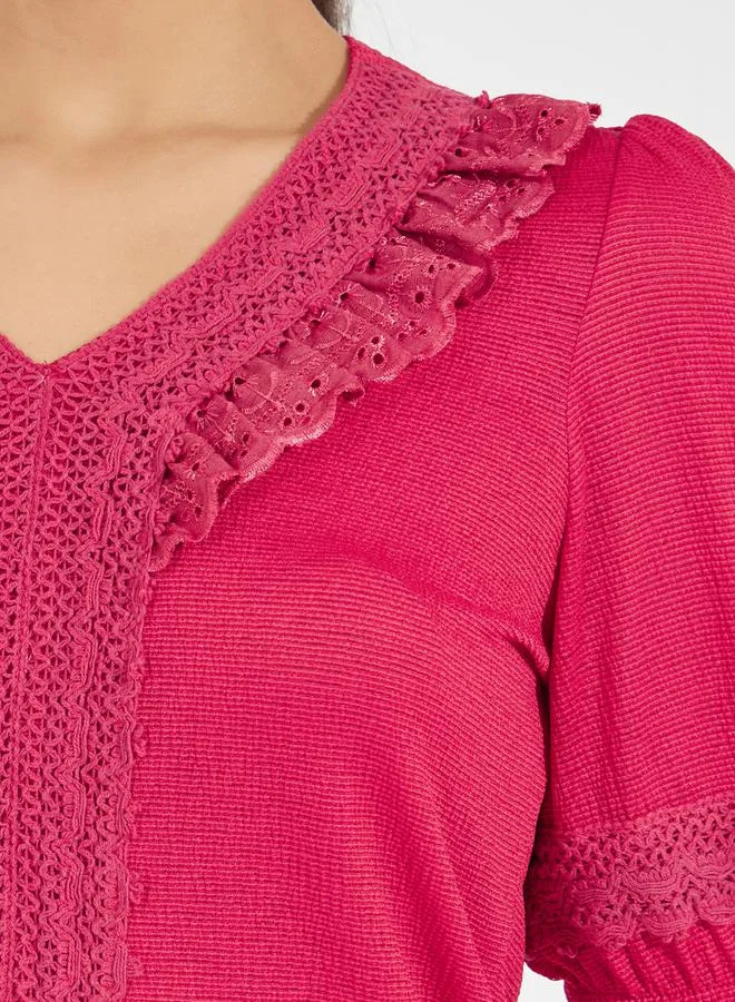 Styli Lace Insert Knit Top with Puff Sleeves